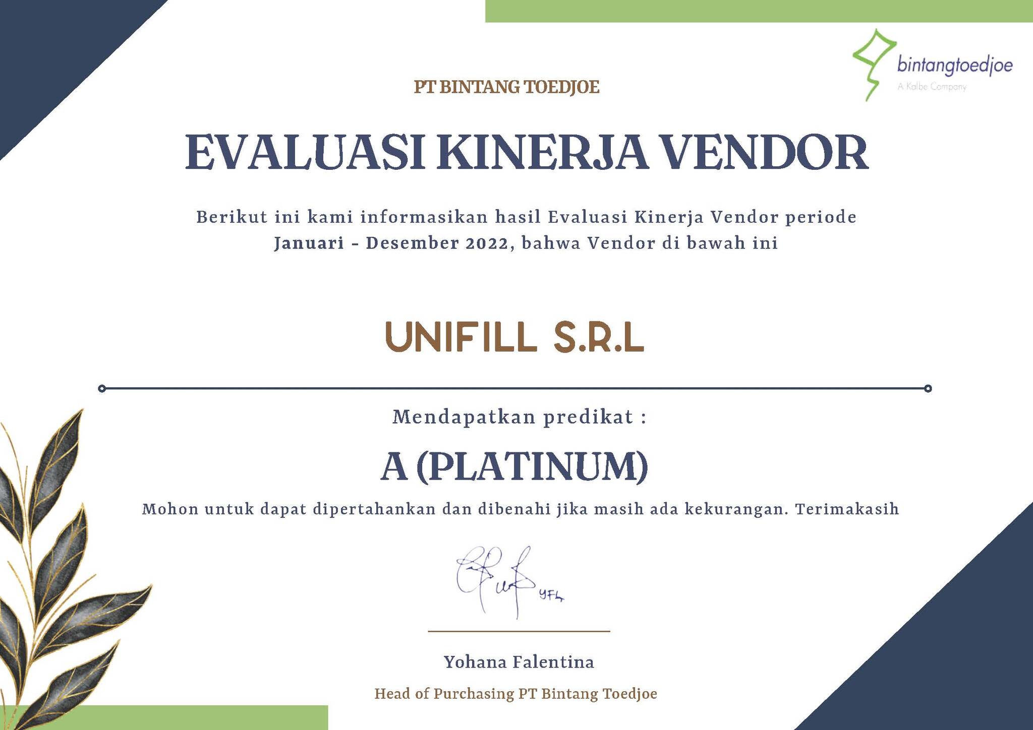 UNIFILL S.R.L riconoscimento fornitore after sales Bintang 2023 B