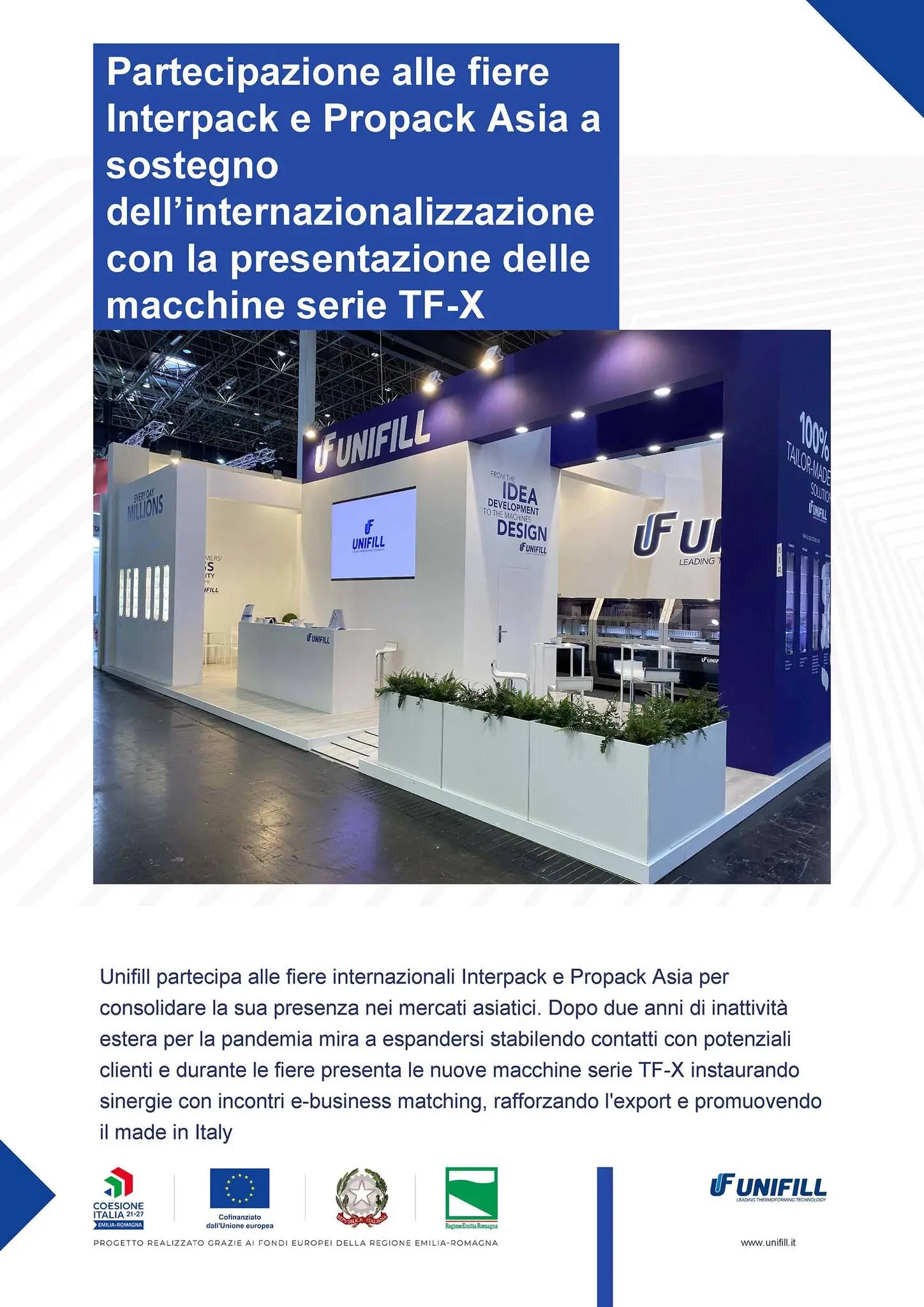 Partecipazione alle fiere Interpack e Propack Asia a sostegno dell’internazionalizzazione verso il mercato europeo ed asiatico con la presentazione di una nuova generazione di macchine UNIFILL, serie TF-X